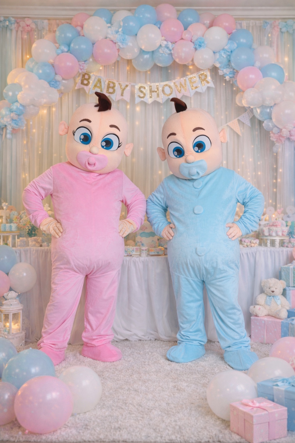 Duo de mascottes pour une baby shower